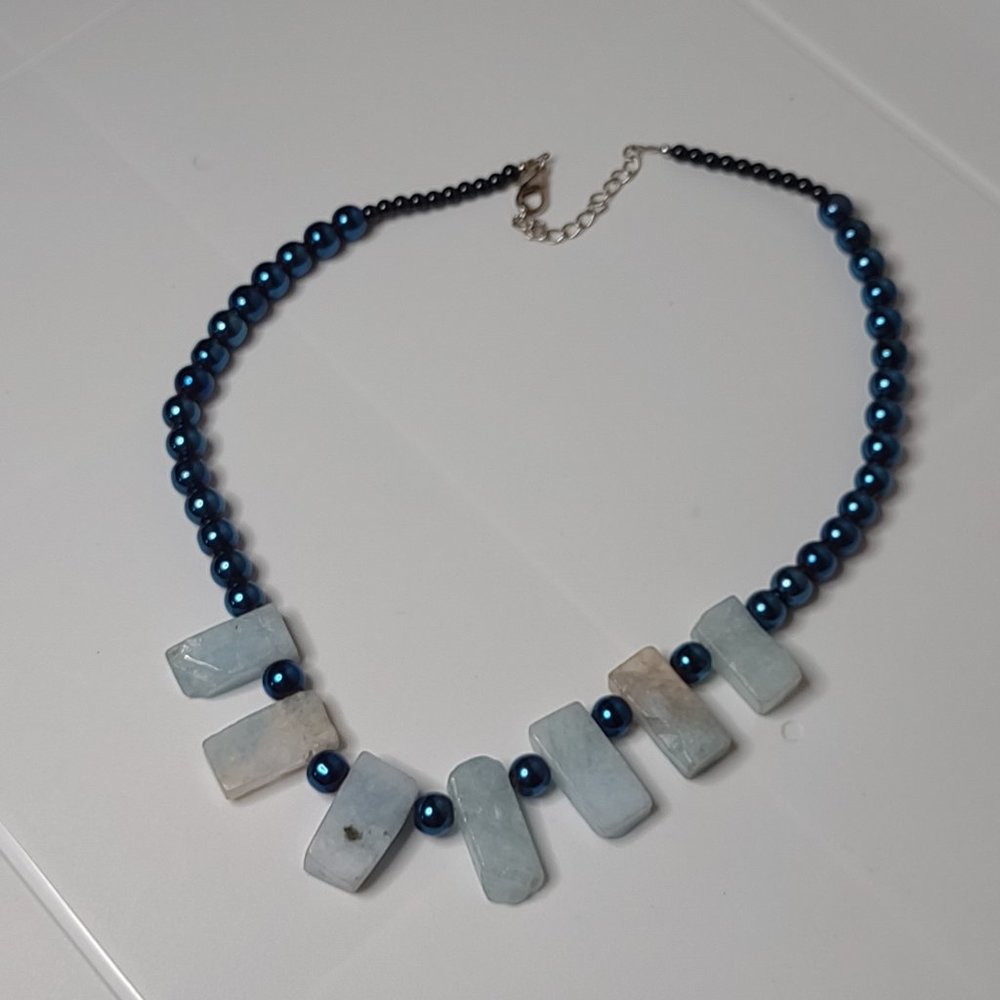 Blue Plastic Bead And Stone Necklace Adjustable 19 To 20.5 Inches Long